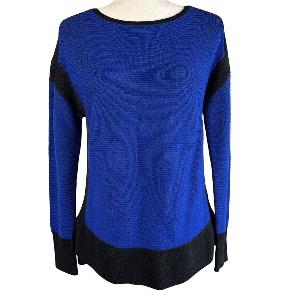St. John Womens Bateau Neck Sweater Size 8‎ Cobalt Blue Black Wool Santana Knit